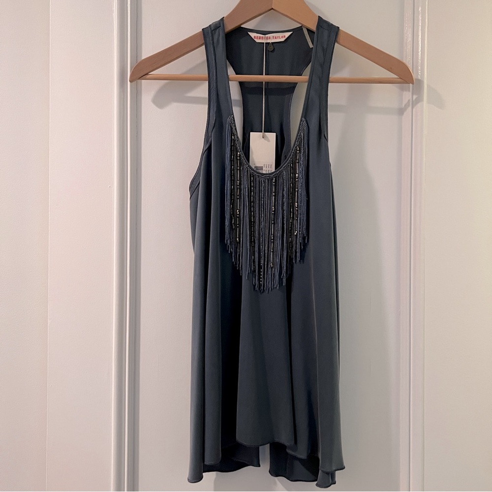 Rebecca Taylor 100% Silk Racerback Tank with Silk and Metal Fringe Front